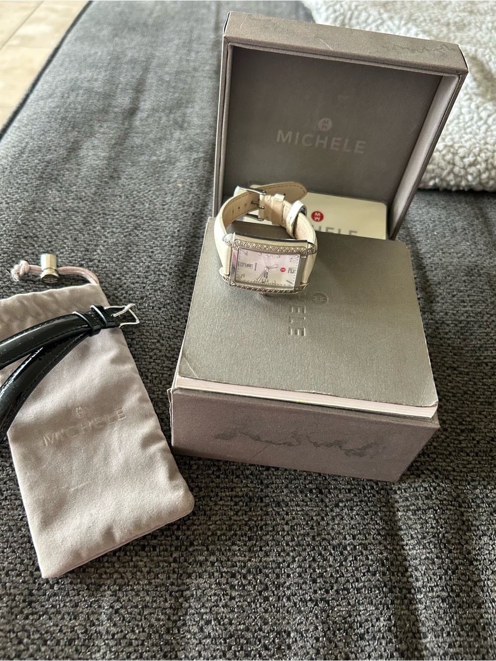 Michele Cream Leather Watchwith diamond bezel